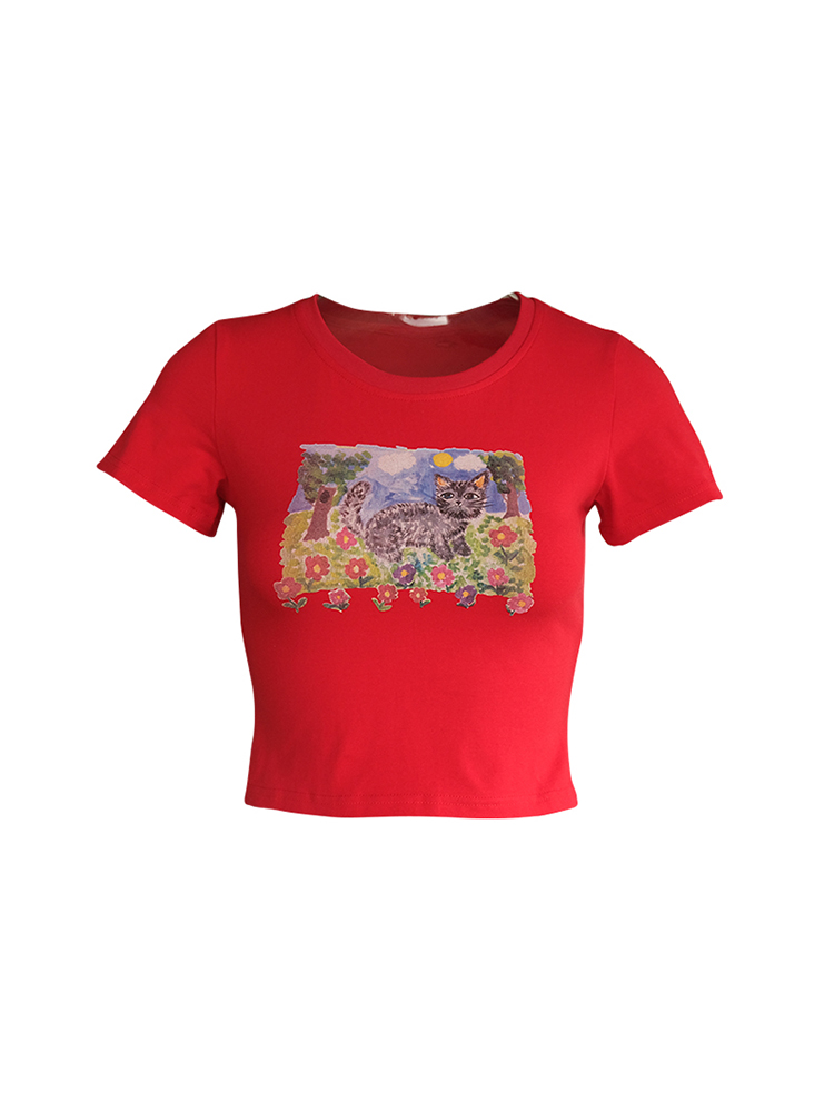 Red Printed Short Sleeve T-Shirt for Women - Vintage Summer Slim Fit Round Neck Top - Y2K Fashion Style Red Printed Short Sleeve T-Shirt for Women - Vintage Summer Slim Fit Round Neck Top - Y2K Fashion Style