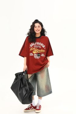 Red Retro Letter Print Short Sleeve T-Shirt for Women - Summer College Style, High-End Feel, Casual American Fashion
