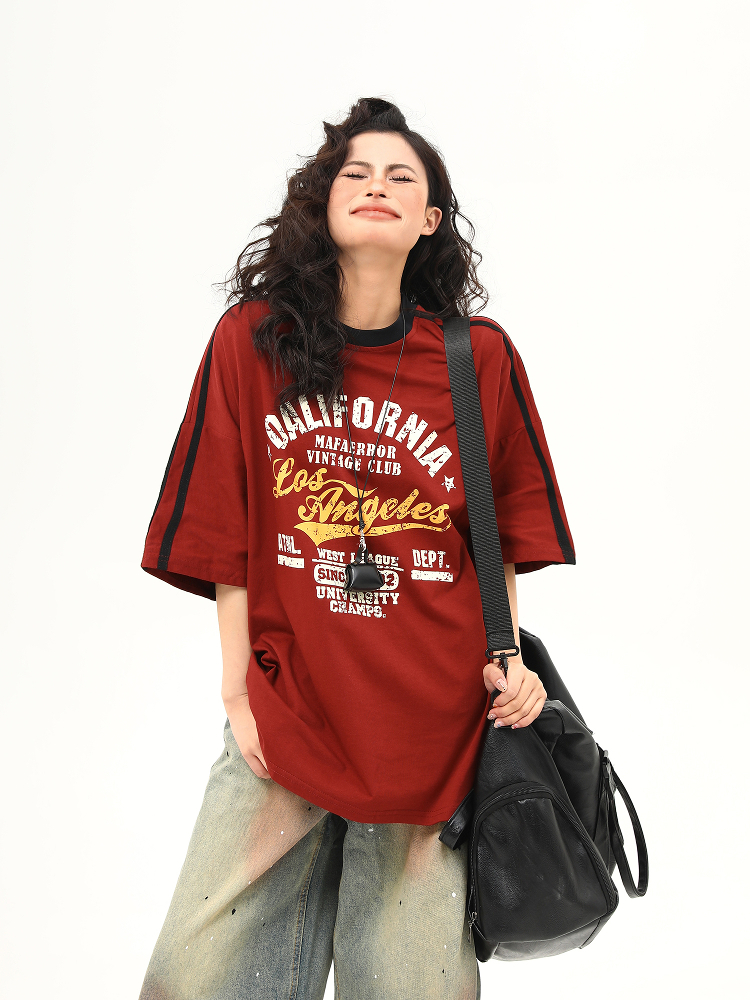 Red Retro Letter Print Short Sleeve T-Shirt for Women - Summer College Style, High-End Feel, Casual American Fashion Red Retro Letter Print Short Sleeve T-Shirt for Women - Summer College Style, High-End Feel, Casual American Fashion