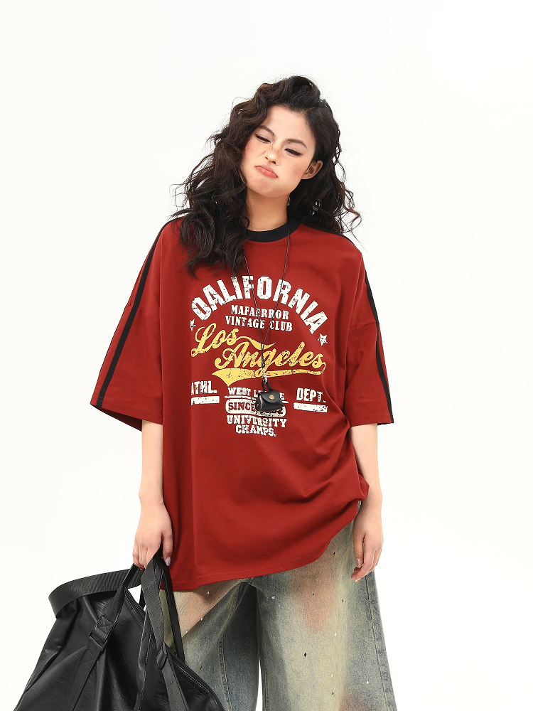 Red Retro Letter Print Short Sleeve T-Shirt for Women - Summer College Style, High-End Feel, Casual American Fashion Red Retro Letter Print Short Sleeve T-Shirt for Women - Summer College Style, High-End Feel, Casual American Fashion