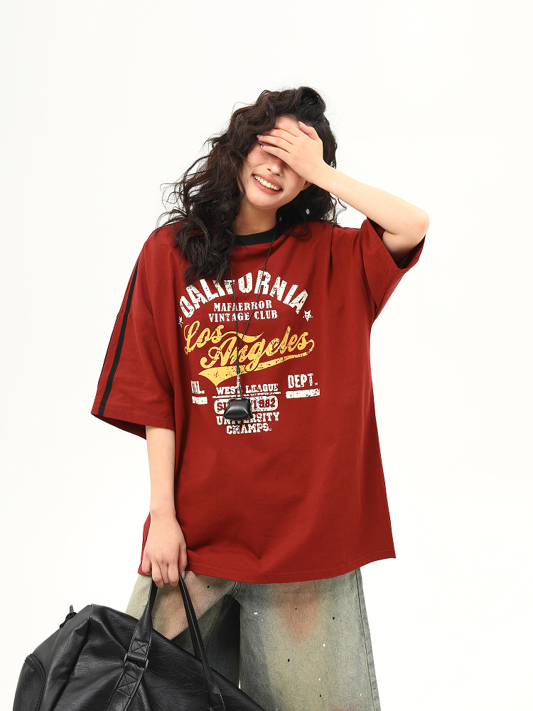 Red Retro Letter Print Short Sleeve T-Shirt for Women - Summer College Style, High-End Feel, Casual American Fashion Red Retro Letter Print Short Sleeve T-Shirt for Women - Summer College Style, High-End Feel, Casual American Fashion