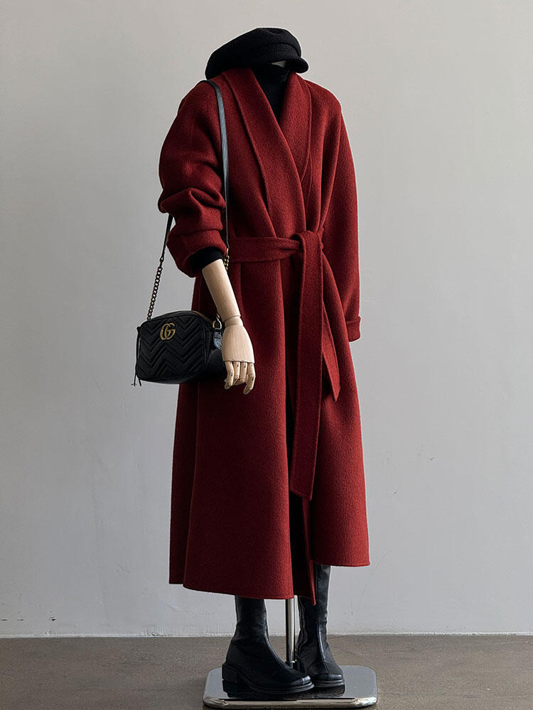 Red Reversible Cashmere Coat for Women - Autumn Winter 2024 Petite High-End Woolen Bathrobe Style Outerwear Red Reversible Cashmere Coat for Women - Autumn Winter 2024 Petite High-End Woolen Bathrobe Style Outerwear