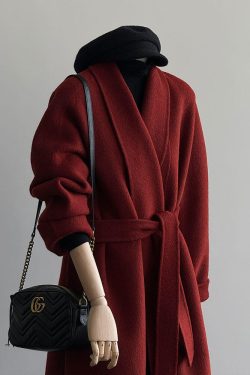 Red Reversible Cashmere Coat for Women - Autumn Winter 2024 Petite High-End Woolen Bathrobe Style Outerwear