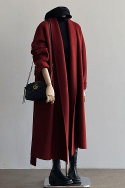 Red Reversible Cashmere Coat for Women - Autumn Winter 2024 Petite High-End Woolen Bathrobe Style Outerwear