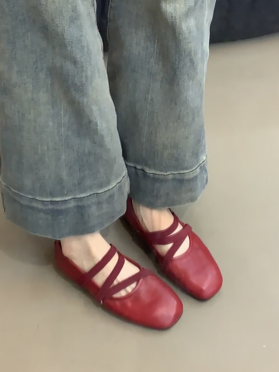 Red Sheepskin Mary Jane Flat Shoes for Women - French Cross Strap Shallow Mouth Evening Ballet Style Red Sheepskin Mary Jane Flat Shoes for Women - French Cross Strap Shallow Mouth Evening Ballet Style