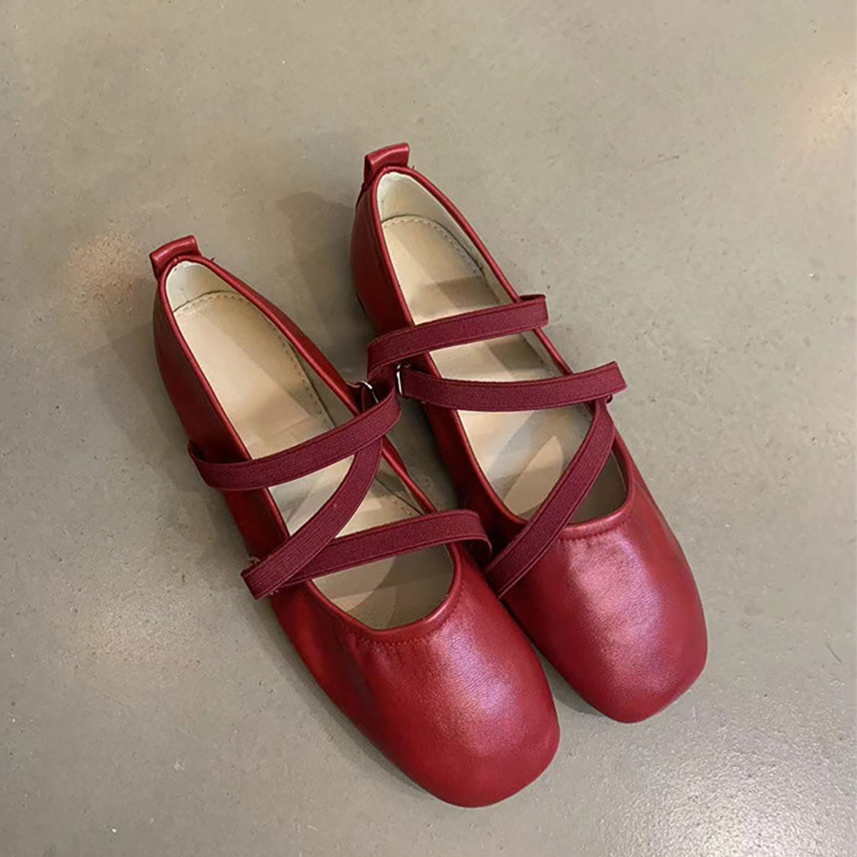 Red Sheepskin Mary Jane Flat Shoes for Women - French Cross Strap Shallow Mouth Evening Ballet Style Red Sheepskin Mary Jane Flat Shoes for Women - French Cross Strap Shallow Mouth Evening Ballet Style