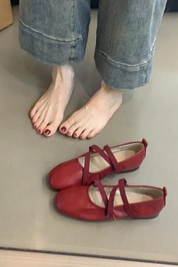 Red Sheepskin Mary Jane Flat Shoes for Women - French Cross Strap Shallow Mouth Evening Ballet Style