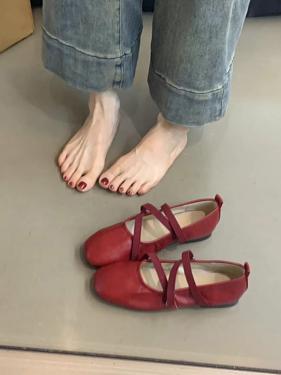 Red Sheepskin Mary Jane Flat Shoes for Women - French Cross Strap Shallow Mouth Evening Ballet Style Red Sheepskin Mary Jane Flat Shoes for Women - French Cross Strap Shallow Mouth Evening Ballet Style