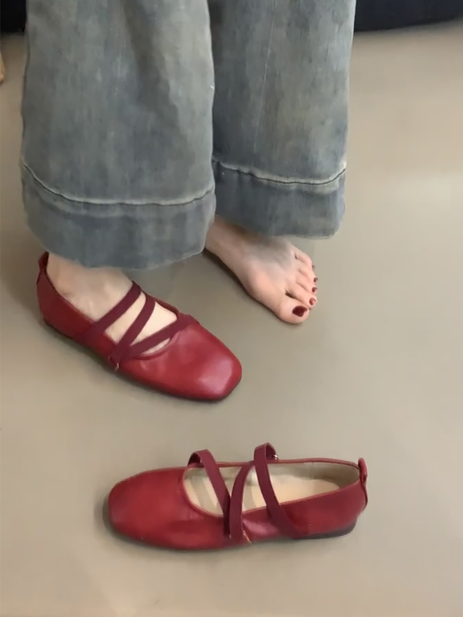 Red Sheepskin Mary Jane Flat Shoes for Women - French Cross Strap Shallow Mouth Evening Ballet Style Red Sheepskin Mary Jane Flat Shoes for Women - French Cross Strap Shallow Mouth Evening Ballet Style