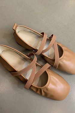 Red Sheepskin Mary Jane Flat Shoes for Women - French Cross Strap Shallow Mouth Evening Ballet Style