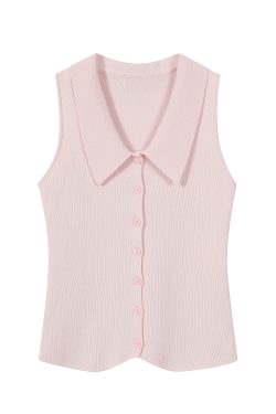 Red Sleeveless Polo Collar Knitted Vest Top for Women - Summer 2025 Fashion, Trendy Casual Style