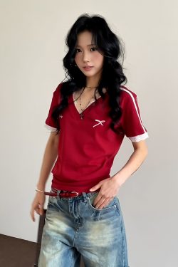 Red Spicy Girl V-Neck Short Sleeve T-Shirt for Women, Summer Lace Splicing, Slim Fit Cropped Top, Sporty Trendy Style