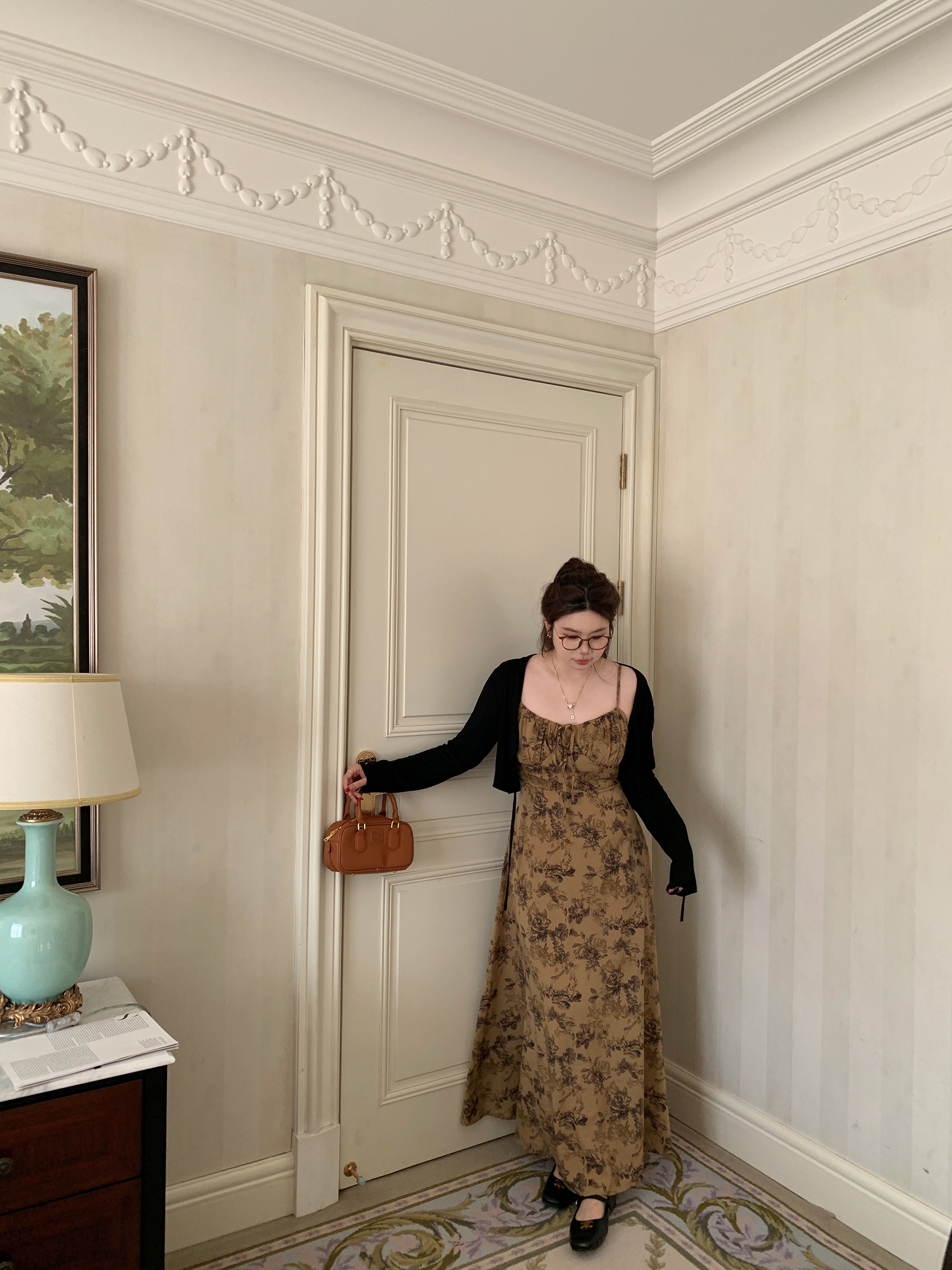 Red Tea Rose French Vintage Ink Wash Printed Slimming Long Dress - Slightly Chubby Fit, Perfect for 90s and Y2K Inspired Looks Red Tea Rose French Vintage Ink Wash Printed Slimming Long Dress - Slightly Chubby Fit, Perfect for 90s and Y2K Inspired Looks