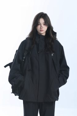 Retro American High-Neck Windbreaker Jacket for Women - Loose Waterproof Windproof Outdoor Black Jacket