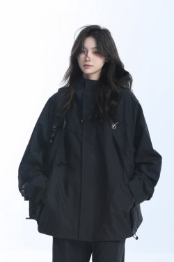 Retro American High-Neck Windbreaker Jacket for Women - Loose Waterproof Windproof Outdoor Black Jacket
