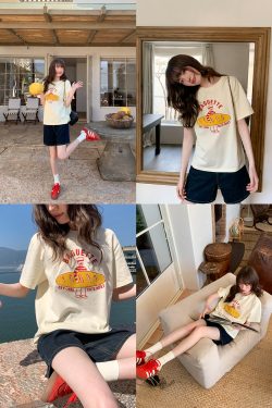 Retro American Hot Dog Embroidered T-Shirt for Women, Summer Loose-Fit Pure Cotton Top, Casual 90s Style