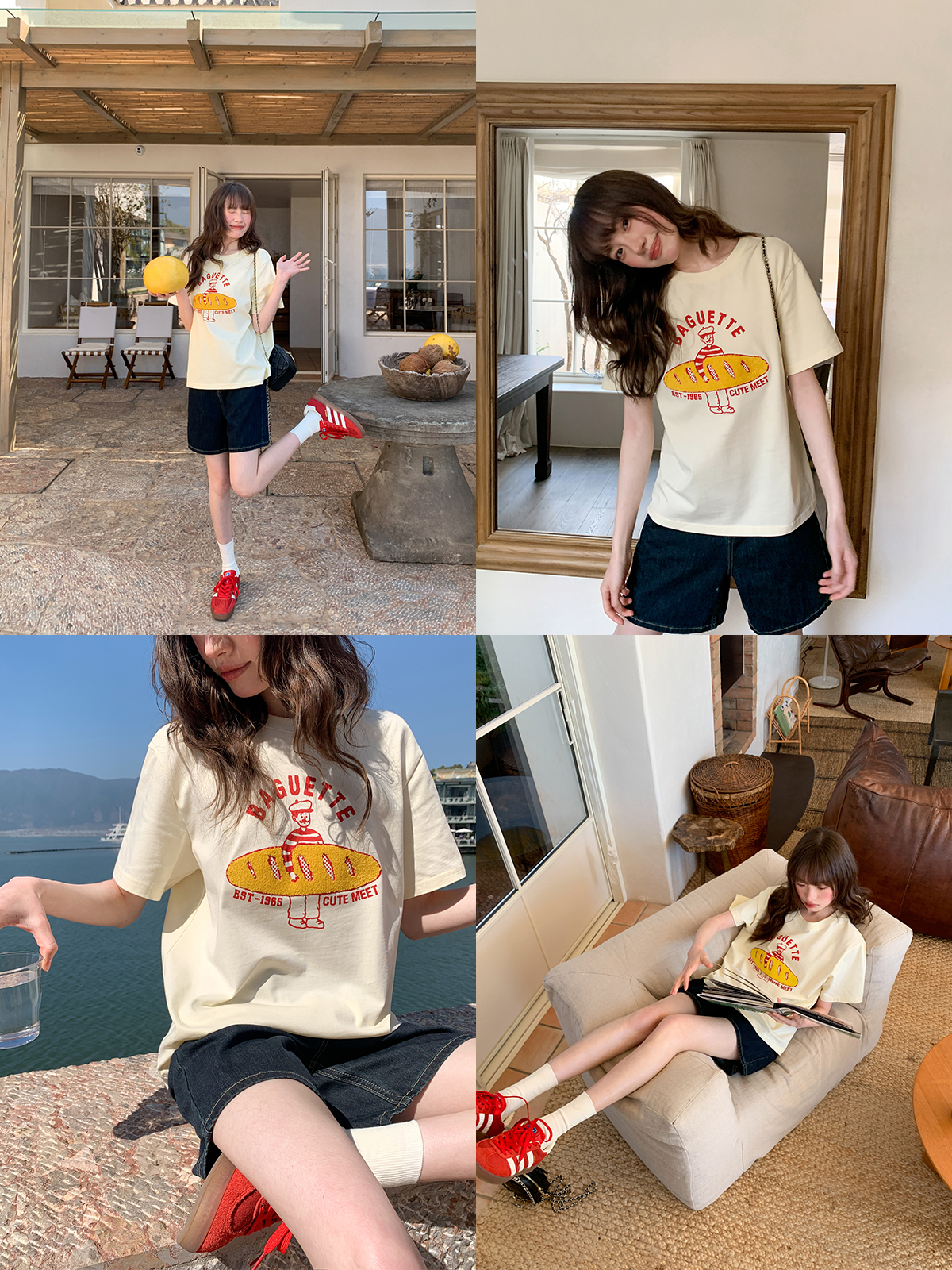 Retro American Hot Dog Embroidered T-Shirt for Women, Summer Loose-Fit Pure Cotton Top, Casual 90s Style Retro American Hot Dog Embroidered T-Shirt for Women, Summer Loose-Fit Pure Cotton Top, Casual 90s Style