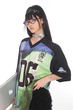 Retro American Sports Loose Jersey Football T-Shirt - Short Sleeve Spliced Mesh Top for Summer Street Style