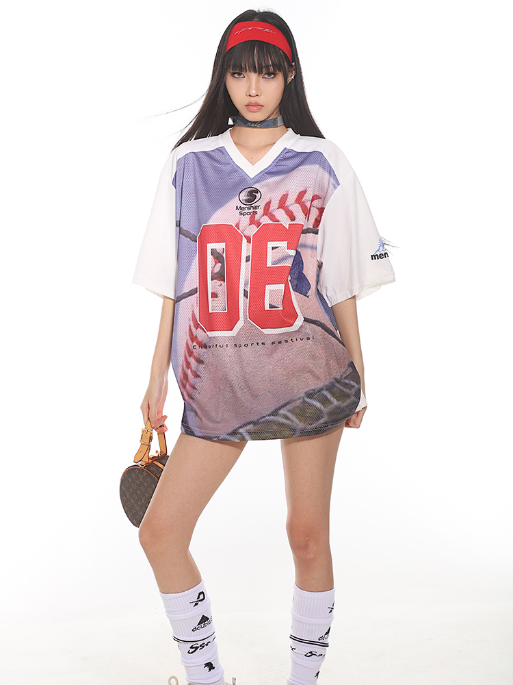 Retro American Sports Loose Jersey Football T-Shirt - Short Sleeve Spliced Mesh Top for Summer Street Style Retro American Sports Loose Jersey Football T-Shirt - Short Sleeve Spliced Mesh Top for Summer Street Style