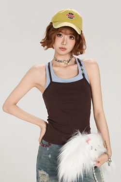 Retro American Style Fake Two-Piece Camisole for Women - Summer Spicy Girl Outerwear Top