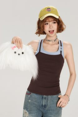 Retro American Style Fake Two-Piece Camisole for Women - Summer Spicy Girl Outerwear Top