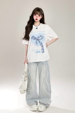 Retro American Vibe Wide-Leg Jeans for Women - Light-Colored Casual Draped Floor-Length Pants for Spring Fashion