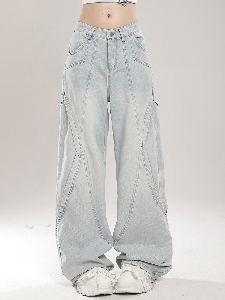 Retro American Vibe Wide-Leg Jeans for Women - Light-Colored Casual Draped Floor-Length Pants for Spring Fashion Retro American Vibe Wide-Leg Jeans for Women - Light-Colored Casual Draped Floor-Length Pants for Spring Fashion