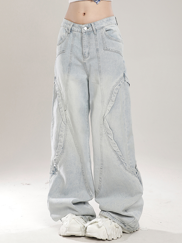 Retro American Vibe Wide-Leg Jeans for Women - Light-Colored Casual Draped Floor-Length Pants for Spring Fashion Retro American Vibe Wide-Leg Jeans for Women - Light-Colored Casual Draped Floor-Length Pants for Spring Fashion