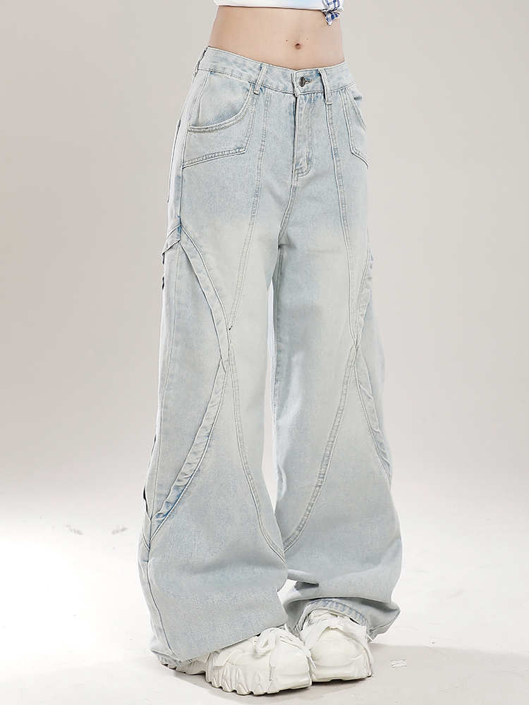 Retro American Vibe Wide-Leg Jeans for Women - Light-Colored Casual Draped Floor-Length Pants for Spring Fashion Retro American Vibe Wide-Leg Jeans for Women - Light-Colored Casual Draped Floor-Length Pants for Spring Fashion