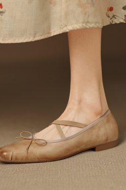 Retro Artistic Deer & Nara Handmade Genuine Leather Cross Strap Slimming Flat Ballet Shoes for Women - Y2K Fashion Style