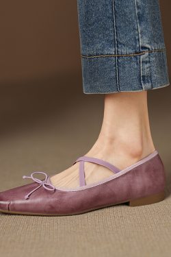 Retro Artistic Deer & Nara Handmade Genuine Leather Cross Strap Slimming Flat Ballet Shoes for Women - Y2K Fashion Style