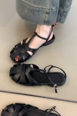 Retro Artistic Hollow-Out Buckle Sandals for Women - Sheepskin Woven Flat Roman Shoes, Casual Pig Cage Style