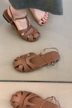 Retro Artistic Hollow-Out Buckle Sandals for Women - Sheepskin Woven Flat Roman Shoes, Casual Pig Cage Style