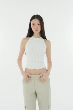 Retro Backless Twisted Knit Cropped Halter Top - Y2K Style, Perfect for Summer Outings and Festivals
