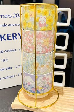 Retro Black and White Ceramic Hepburn Stacking Mug Set with Holder - Vintage Home Drinkware, Perfect for Kitchen Decor