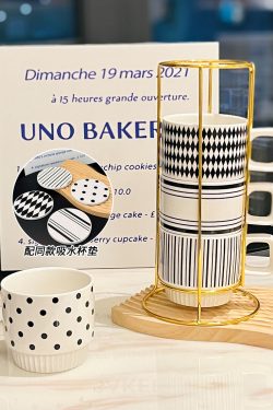 Retro Black and White Ceramic Hepburn Stacking Mug Set with Holder - Vintage Home Drinkware, Perfect for Kitchen Decor