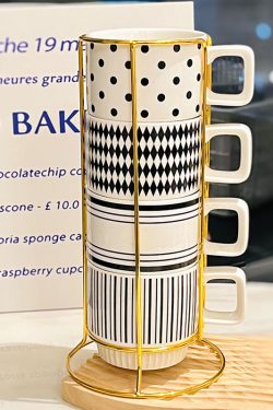 Retro Black and White Ceramic Hepburn Stacking Mug Set with Holder - Vintage Home Drinkware, Perfect for Kitchen Decor