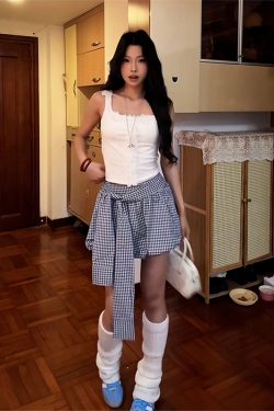 Retro Blue Checkered Floral Bud A-Line Skirt for Women - High-Waisted Hot Short Summer Fashion