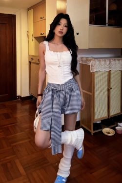 Retro Blue Checkered Floral Bud A-Line Skirt for Women - High-Waisted Hot Short Summer Fashion