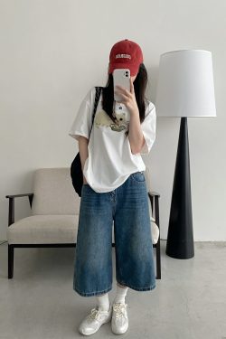 Retro Blue Denim Capris for Women - Summer Wide-Leg Cropped Pants, Straight 7-Point Mid-Length Shorts, Y2K American Style