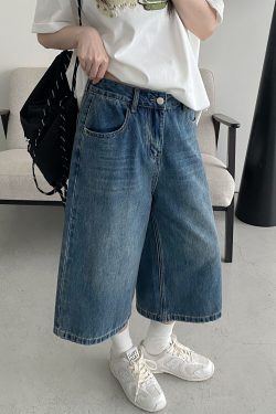 Retro Blue Denim Capris for Women - Summer Wide-Leg Cropped Pants, Straight 7-Point Mid-Length Shorts, Y2K American Style