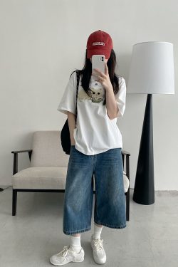 Retro Blue Denim Capris for Women - Summer Wide-Leg Cropped Pants, Straight 7-Point Mid-Length Shorts, Y2K American Style