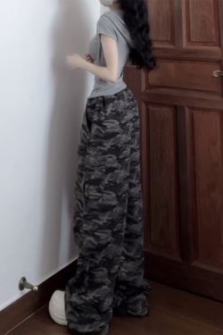 Retro Camouflage Wide-Leg Work Pants for Women - Loose-Fitting Slimming Hip-Hop Casual Floor-Length Trousers
