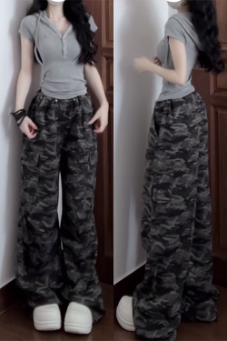 Retro Camouflage Wide-Leg Work Pants for Women - Loose-Fitting Slimming Hip-Hop Casual Floor-Length Trousers