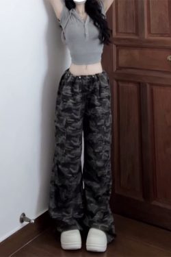 Retro Camouflage Wide-Leg Work Pants for Women - Loose-Fitting Slimming Hip-Hop Casual Floor-Length Trousers