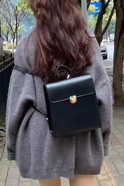 Retro Casual Black Leather Backpack for Women - Minimalist Travel Commuter Bag with Artistic Design