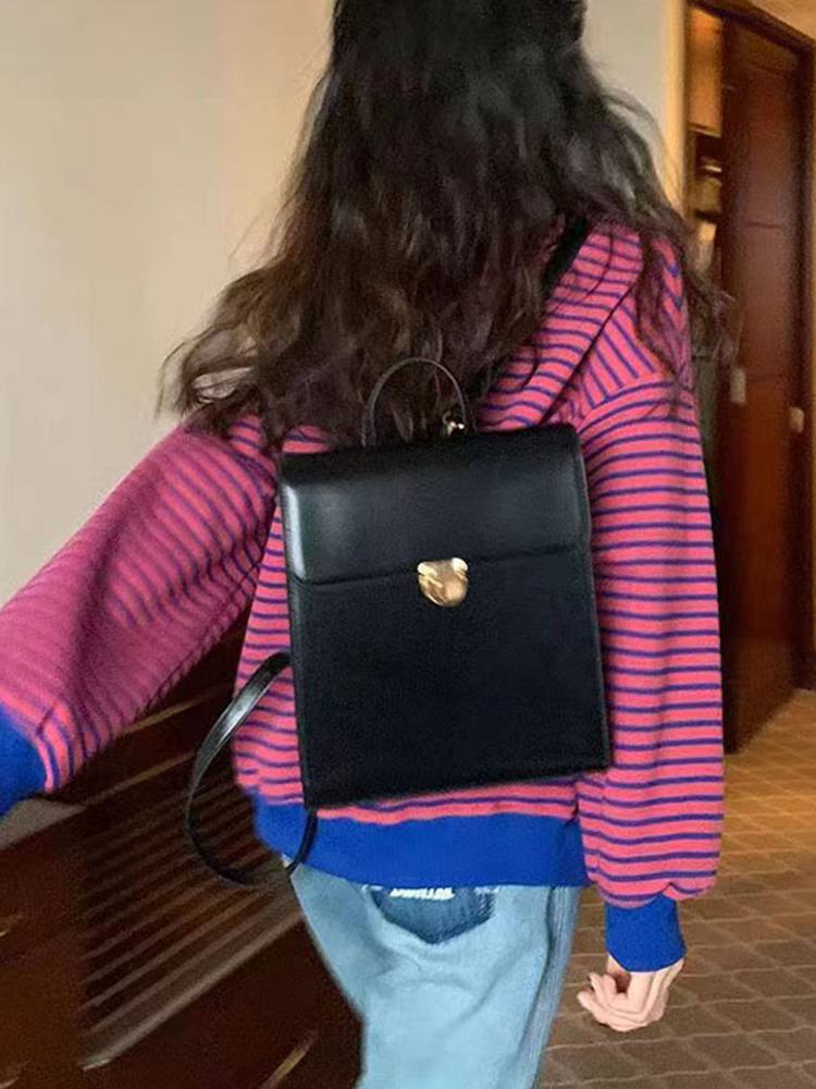 Retro Casual Black Leather Backpack for Women - Minimalist Travel Commuter Bag with Artistic Design Retro Casual Black Leather Backpack for Women - Minimalist Travel Commuter Bag with Artistic Design