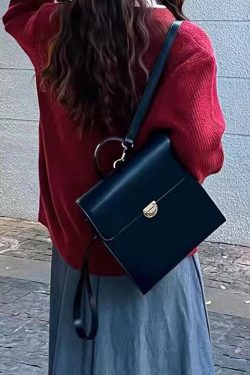 Retro Casual Black Leather Backpack for Women - Minimalist Travel Commuter Bag with Artistic Design