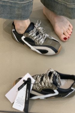 Retro Casual Color-Blocking Lace-Up Cowhide Training Shoes for Women - Flat Sports Footwear for Outdoor Running