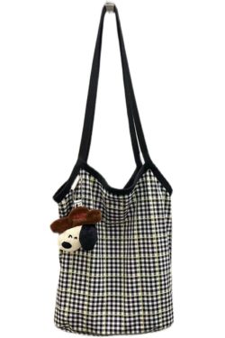 Retro Checkered Large Capacity Water Bucket Bag - Black and White Plaid Commuter Tote, Hand-Held Canvas Shopping Bag